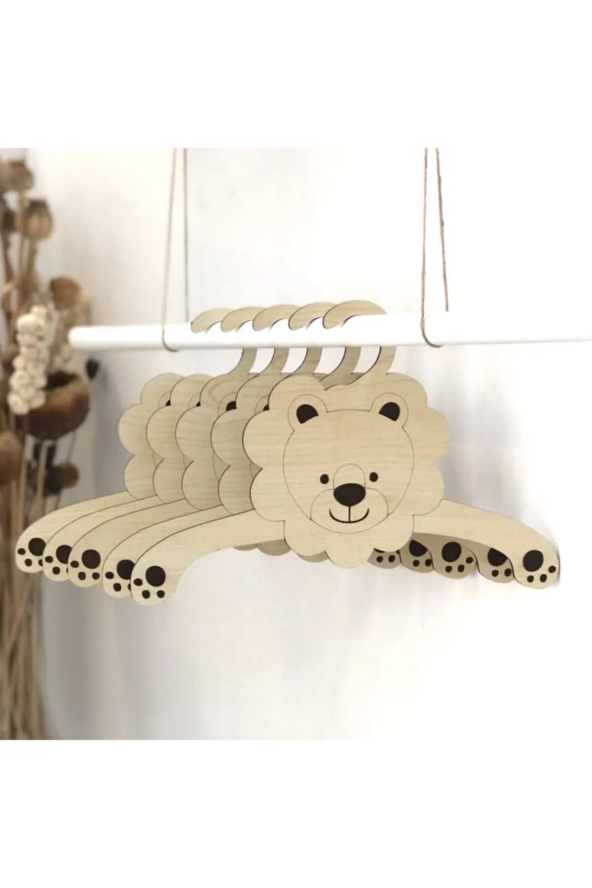 Bebek Elbise Askısı Ahşap Kıyafet Askısı Aslan Bebek Kıyafet Askısı 6'lı Set