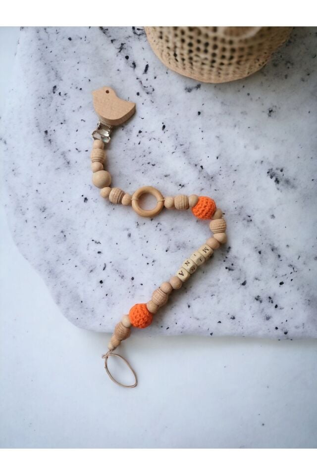 Doğal Ahşap Emzik Zinciri - Isimli Emzik Askısı Ahşap Emzik Zinciri Emzik Tutucu