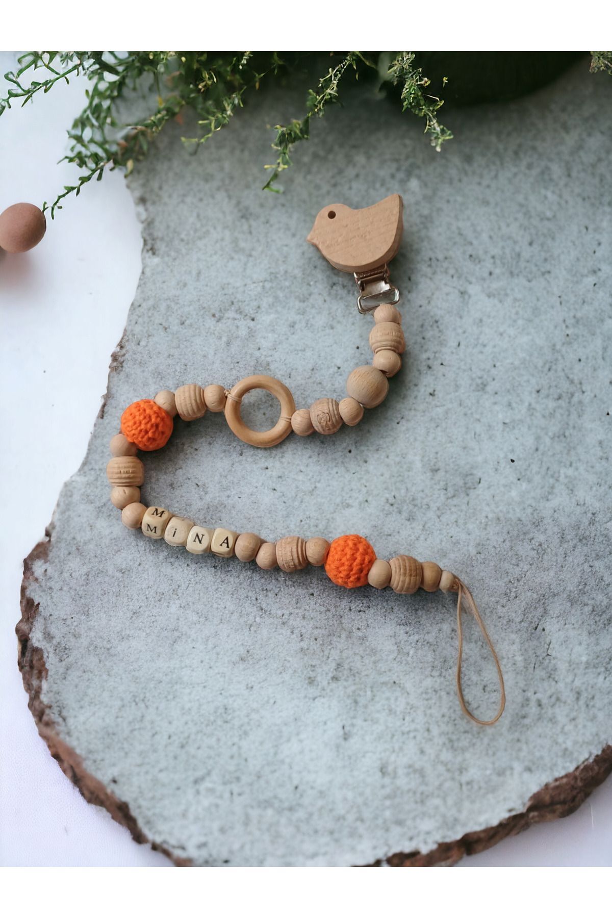 Doğal Ahşap Emzik Zinciri - Isimli Emzik Askısı Ahşap Emzik Zinciri Emzik Tutucu