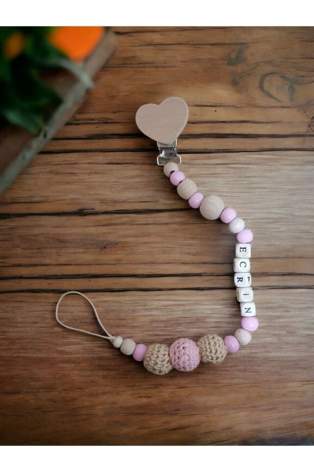 Doğal Ahşap Emzik Zinciri - Isimli Emzik Askısı Ahşap Emzik Zinciri Emzik Tutucu