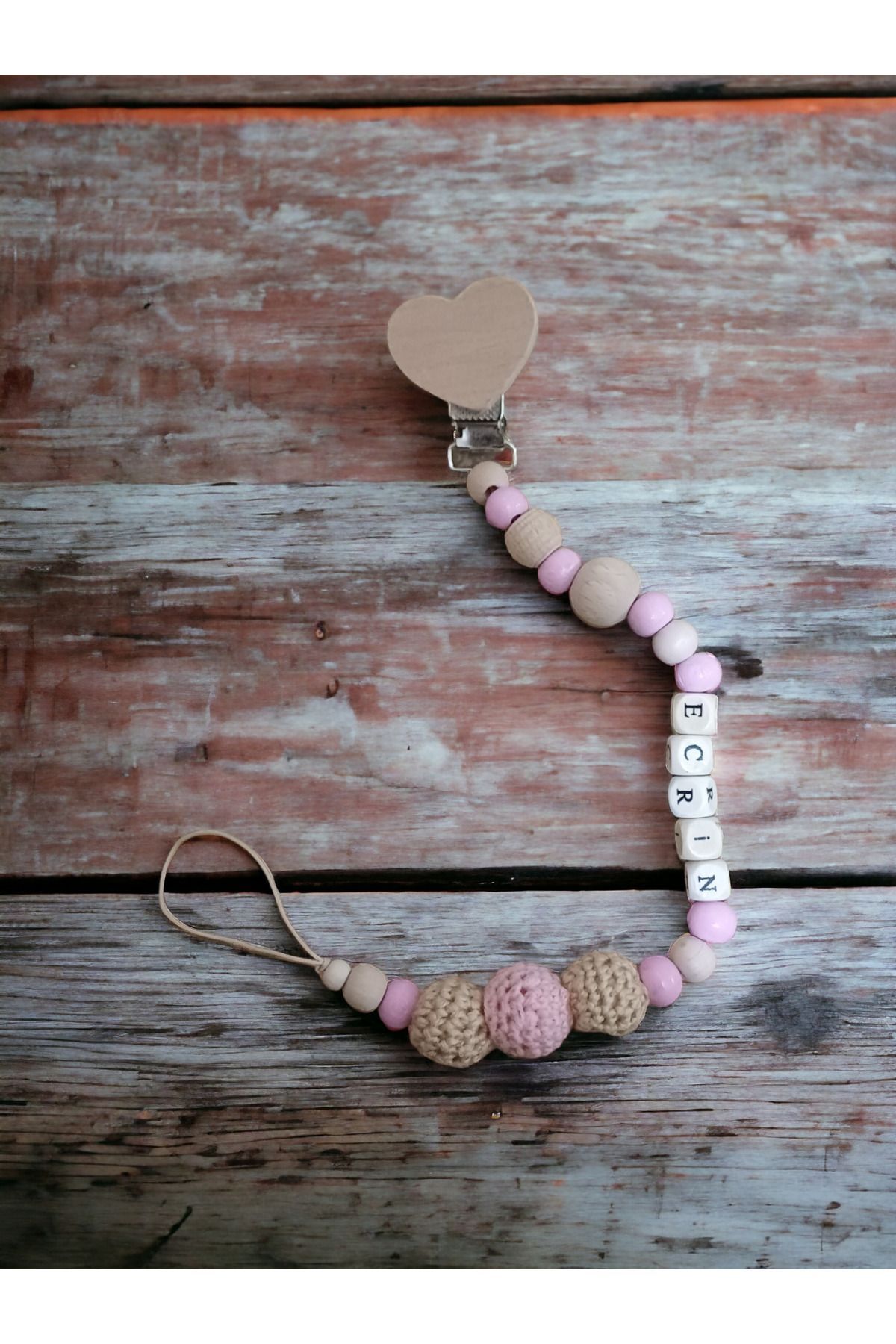 Doğal Ahşap Emzik Zinciri - Isimli Emzik Askısı Ahşap Emzik Zinciri Emzik Tutucu