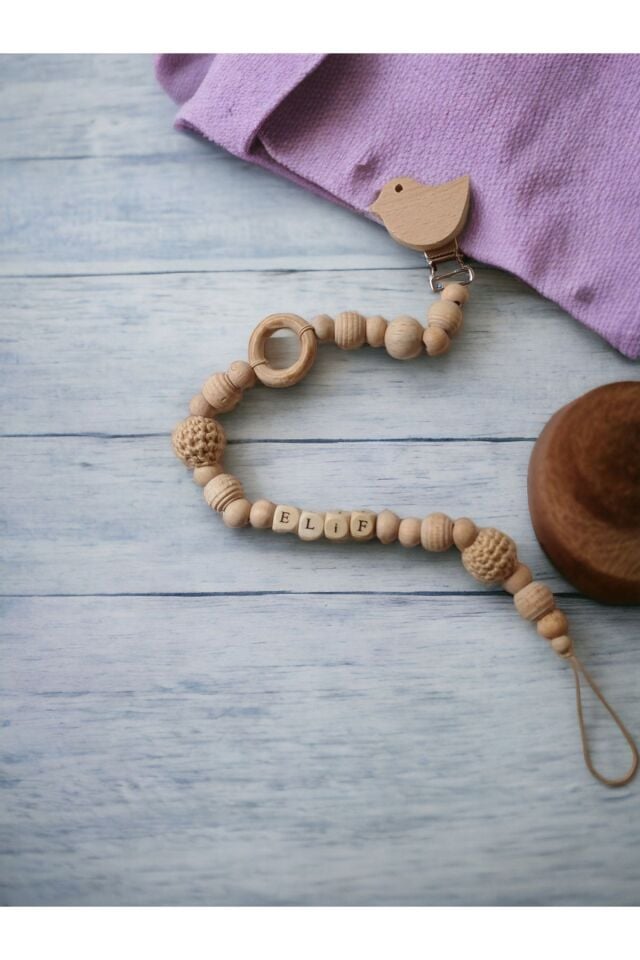 Doğal Ahşap Emzik Zinciri  Isimli Emzik Askısı  Tutucu