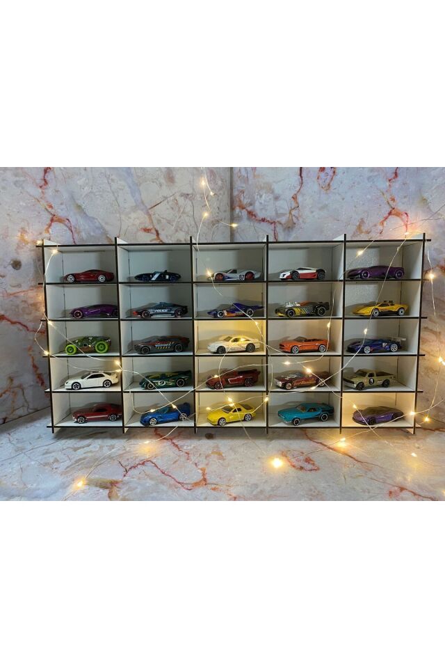 Ahşap Araba Rafı 25'li Beyaz Renk (Hotwheels ve Matcbox Arabaları Için Uygundur)