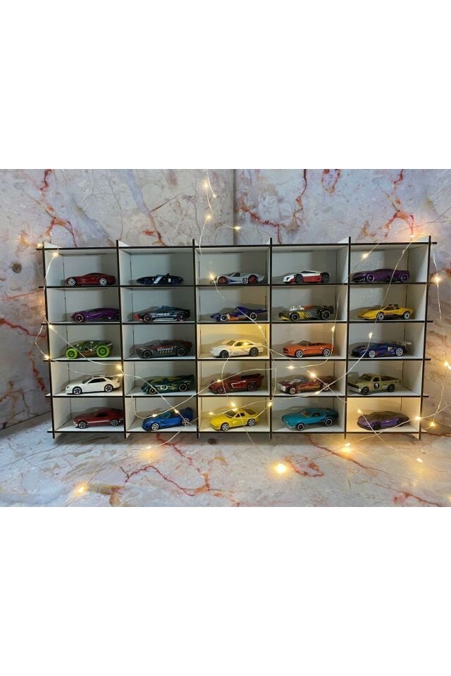 Ahşap Araba Rafı 25'li Beyaz Renk (Hotwheels ve Matcbox Arabaları Için Uygundur)
