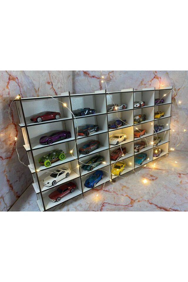 Ahşap Araba Rafı 25'li Beyaz Renk (Hotwheels ve Matcbox Arabaları Için Uygundur)