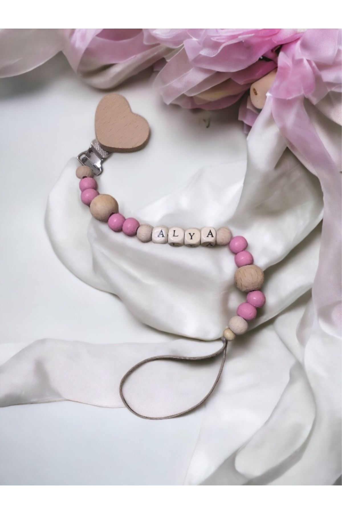 Doğal Ahşap Emzik Zinciri - Isimli Emzik Askısı Ahşap Emzik Zinciri Emzik Tutucu