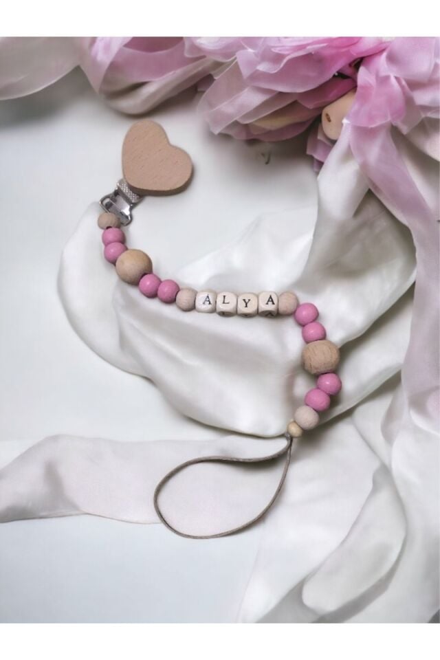 Doğal Ahşap Emzik Zinciri - Isimli Emzik Askısı Ahşap Emzik Zinciri Emzik Tutucu