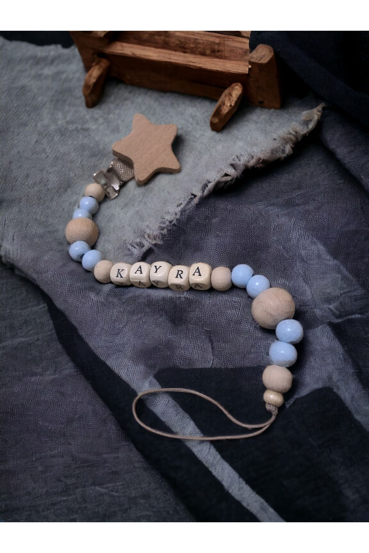 Doğal Ahşap Emzik Zinciri - Isimli Emzik Askısı Ahşap Emzik Zinciri Emzik Tutucu