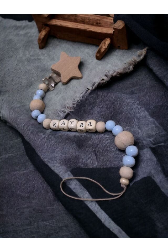 Doğal Ahşap Emzik Zinciri - Isimli Emzik Askısı Ahşap Emzik Zinciri Emzik Tutucu