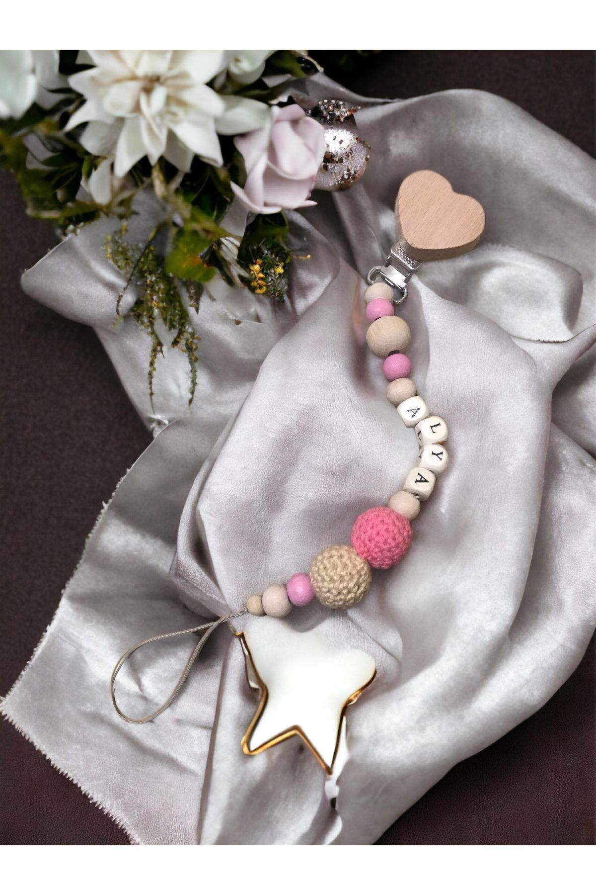 Doğal Ahşap Emzik Zinciri - Isimli Emzik Askısı Ahşap Emzik Zinciri Emzik Tutucu