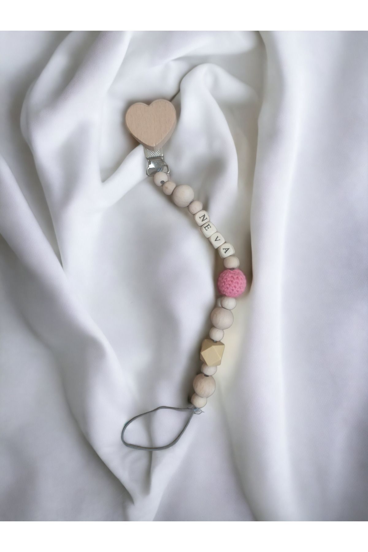 Doğal Ahşap Emzik Zinciri - İsimli Emzik Askısı Ahşap Emzik Zinciri Emzik Tutucu