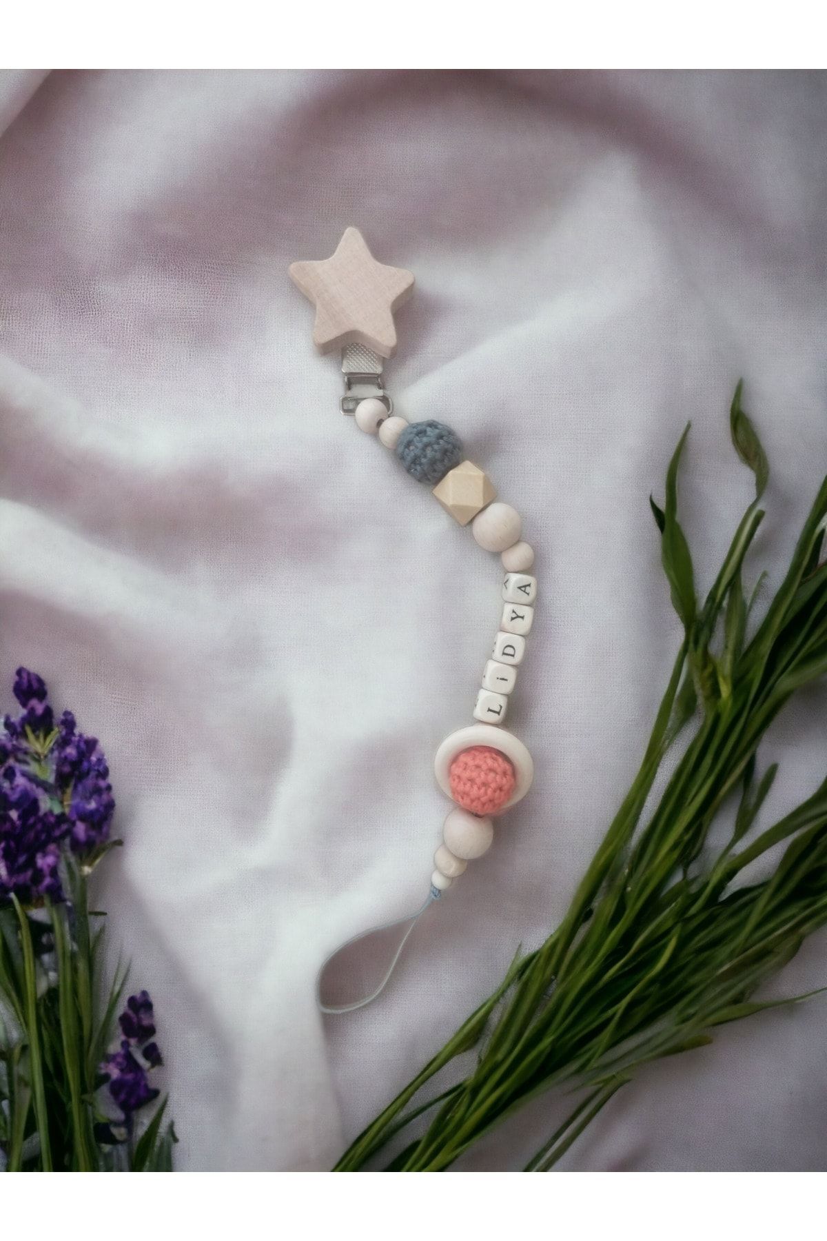 Doğal Ahşap Emzik Zinciri - Isimli Emzik Askısı Ahşap Emzik Zinciri Emzik Tutucu