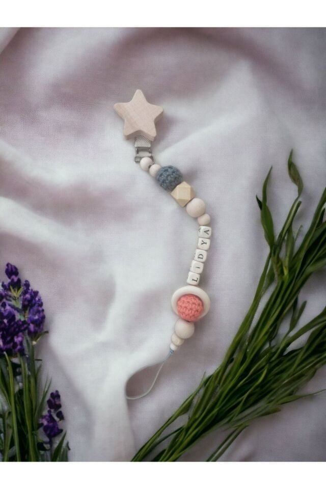 Doğal Ahşap Emzik Zinciri - Isimli Emzik Askısı Ahşap Emzik Zinciri Emzik Tutucu