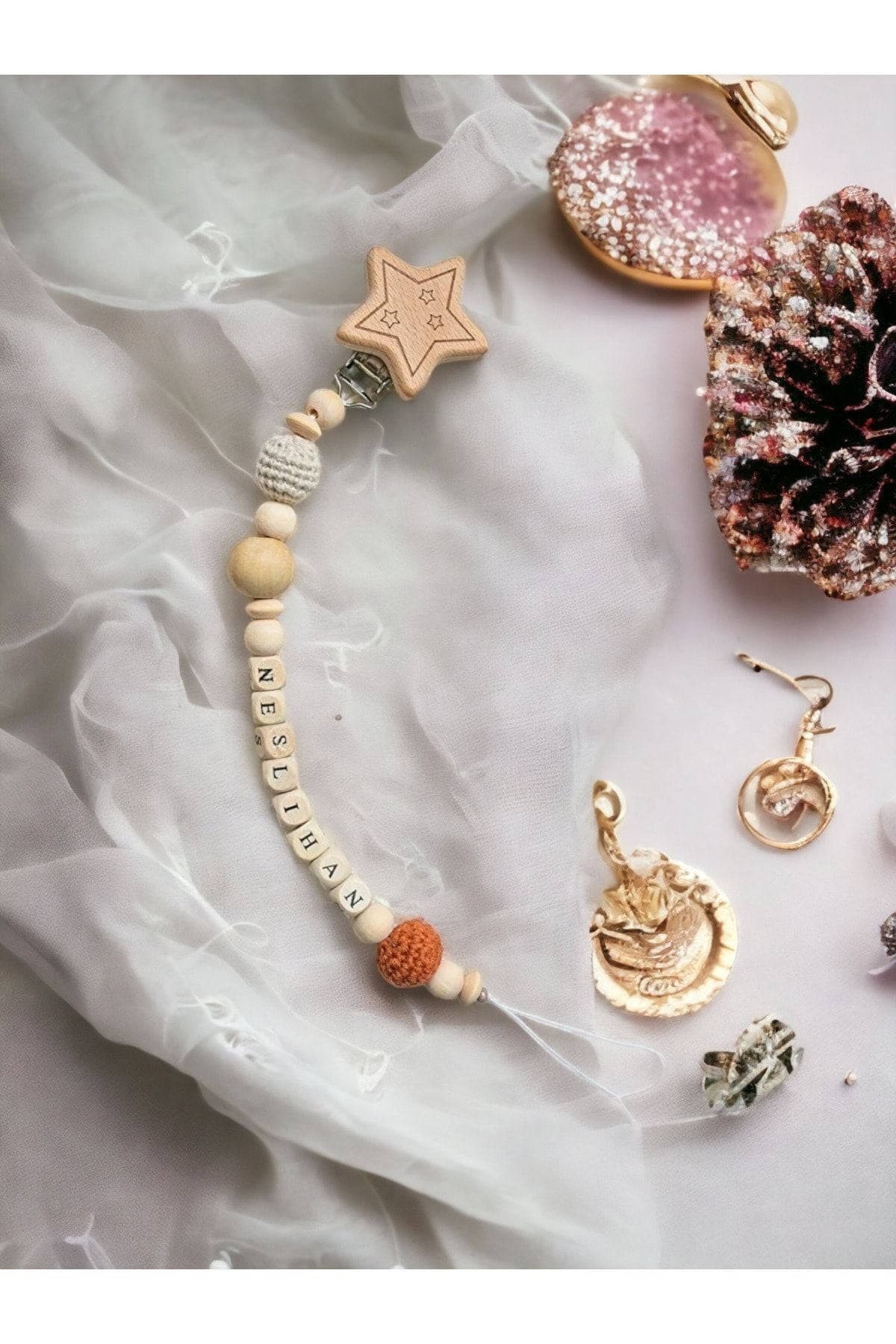 Doğal Ahşap Emzik Zinciri - Isimli Emzik Askısı Ahşap Emzik Zinciri Emzik Tutucu