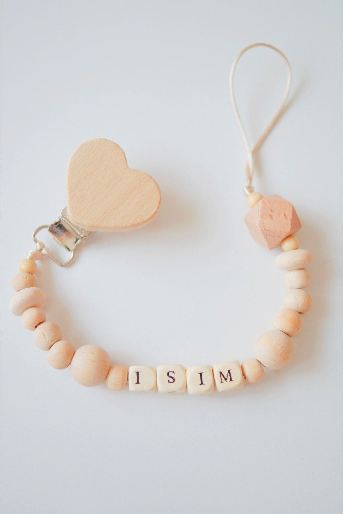 Kalp Bebek Hediyelik Doğal Ahşap Emzik Zinciri Emzik Askısı