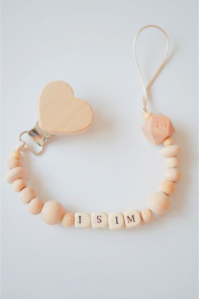 Kalp Bebek Hediyelik Doğal Ahşap Emzik Zinciri Emzik Askısı