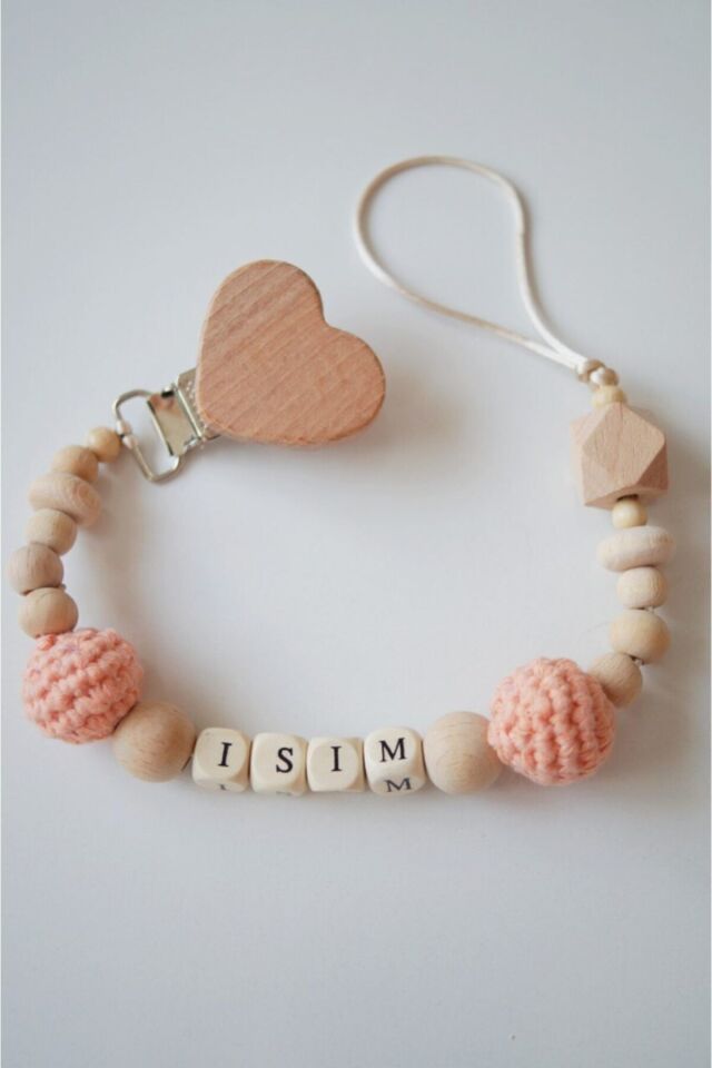 Isme Özel Kalp Klips Doğal Ahşap Emzik Zinciri/emzik Askısı