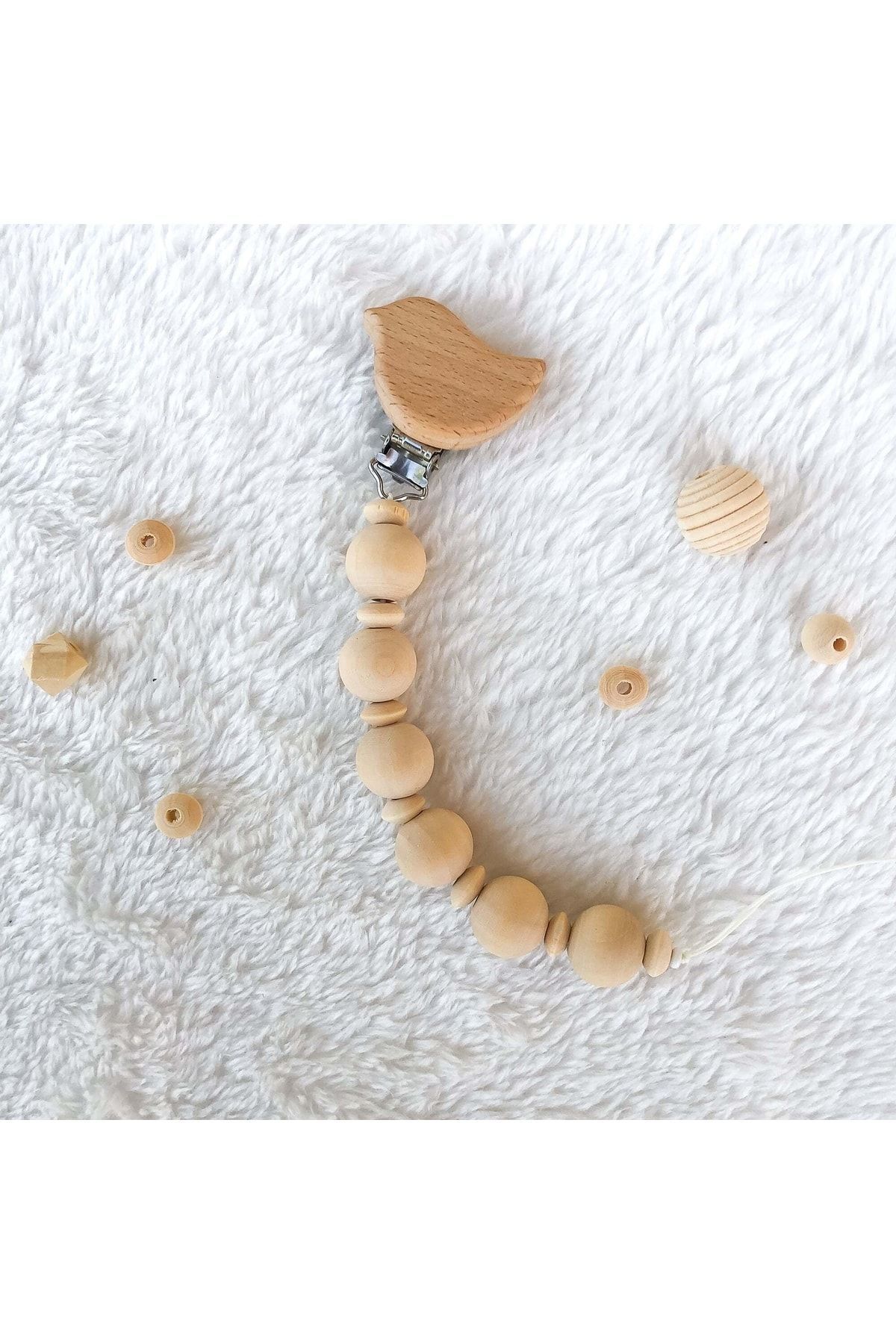 Yuvarlak Toplu Doğal Ahşap Emzik Zinciri - Emzik Askısı Ahşap Emzik Zinciri Emzik Tutucu