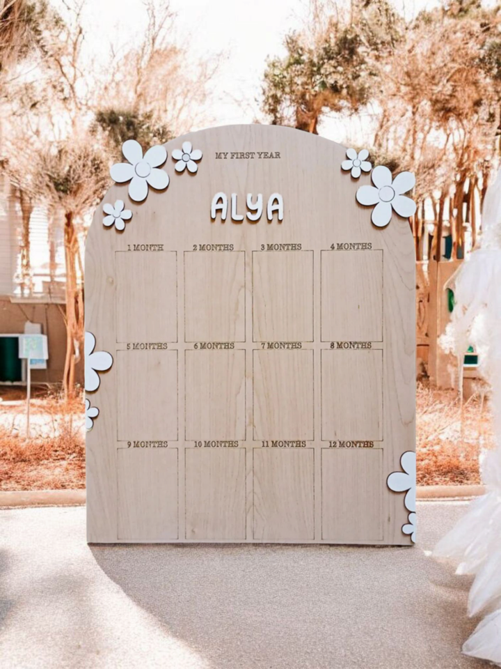 Kişiye Özel Doğum Günü 12 Ay 3D Papatya Temalı Ahşap Fotoğraf Panosu Büyük Boy