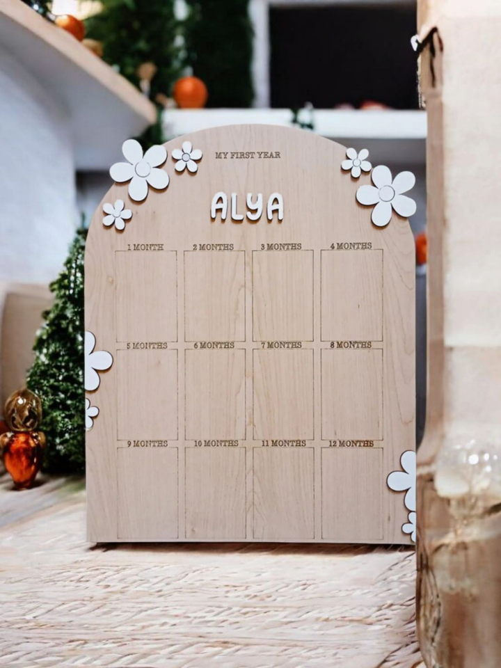 Kişiye Özel Doğum Günü 12 Ay 3D Papatya Temalı Ahşap Fotoğraf Panosu Büyük Boy