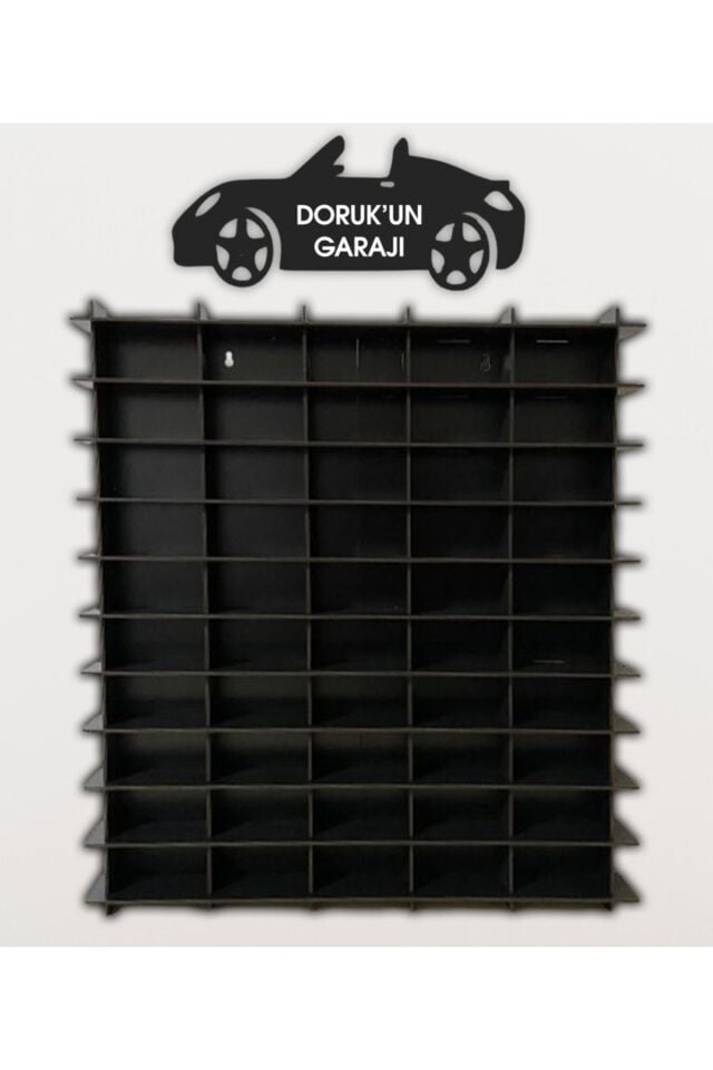 Kişiye Özel İsimli Garajlı Araba Rafı 50'li Siyah Renk (HOTWHEELS VE MATCBOX ARABALARI IÇİN UYGUNDUR)