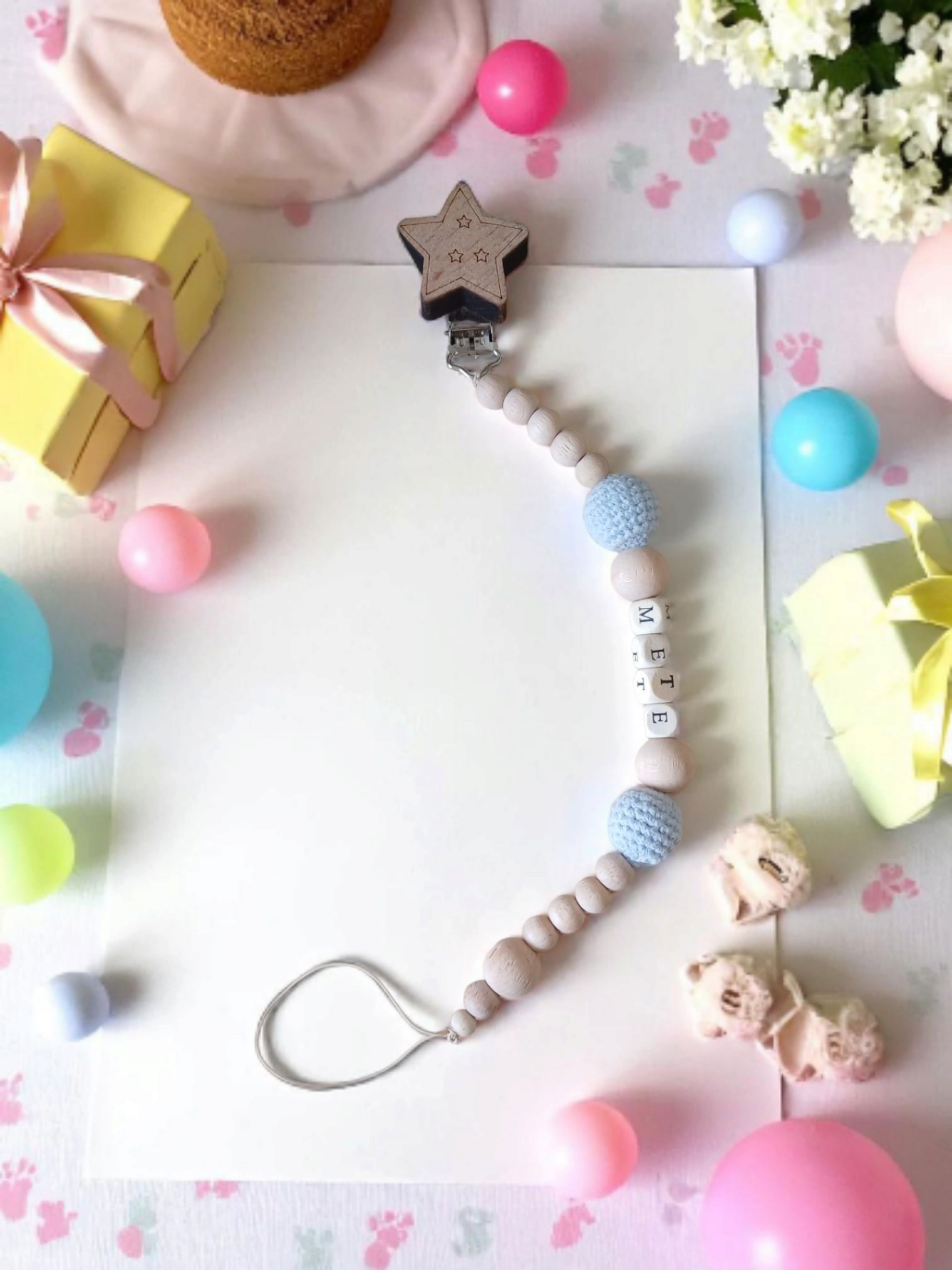 Doğal Ahşap Emzik Zinciri - Isimli Emzik Askısı Ahşap Emzik Zinciri Emzik Tutucu