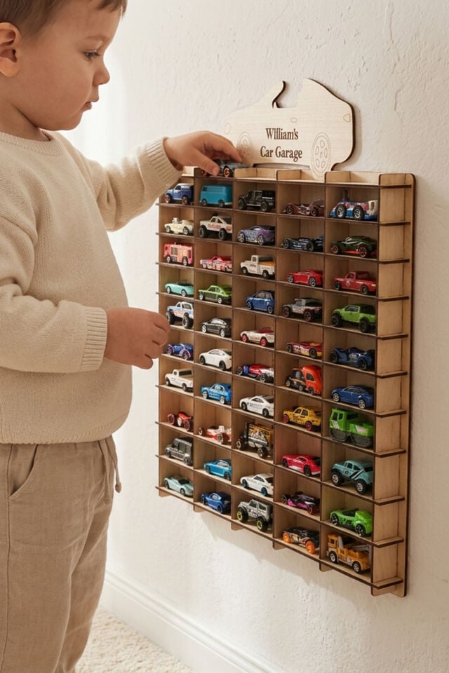 Kişiye Özel İsimlikli Araba Rafı 50'li Banu Renk (HOTWHEELS VE MATCBOX ARABALARI IÇİN UYGUNDUR)
