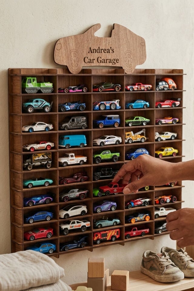 Kişiye Özel İsimlikli Araba Rafı 50'li Ahşap Renk (HOTWHEELS VE MATCBOX ARABALARI IÇİN UYGUNDUR)