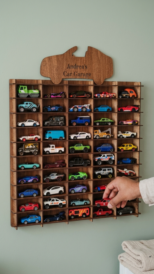Kişiye Özel İsimlikli Araba Rafı 50'li Ahşap Renk (HOTWHEELS VE MATCBOX ARABALARI IÇİN UYGUNDUR)
