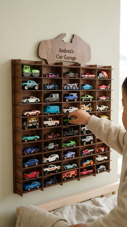 Kişiye Özel İsimlikli Araba Rafı 50'li Ahşap Renk (HOTWHEELS VE MATCBOX ARABALARI IÇİN UYGUNDUR)