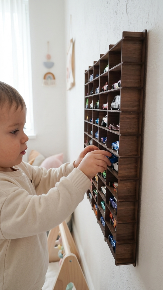 Kişiye Özel İsimlikli Araba Rafı 50'li Ahşap Renk (HOTWHEELS VE MATCBOX ARABALARI IÇİN UYGUNDUR)