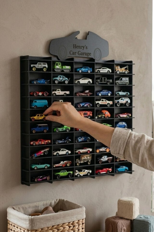Kişiye Özel İsimlikli Araba Rafı 50'li Siyah Renk (HOTWHEELS VE MATCBOX ARABALARI IÇİN UYGUNDUR)