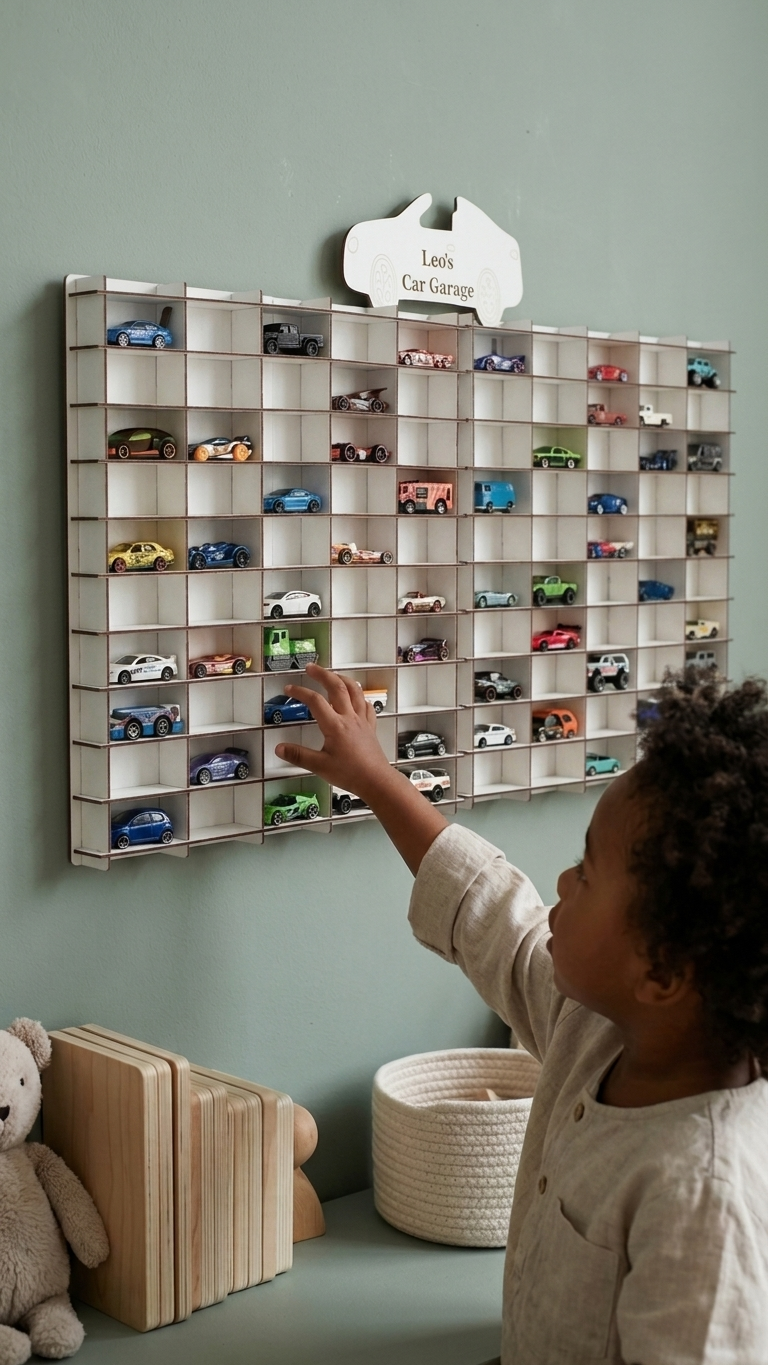 Kişiye Özel İsimlikli 100 Araç Kapasiteli Beyaz İsimli Araba Rafı - Dekoratif Çocuk Odası Oyuncak Organizer (HOTWHEELS VE MATCBOX ARABALARI IÇİN UYGUNDUR)