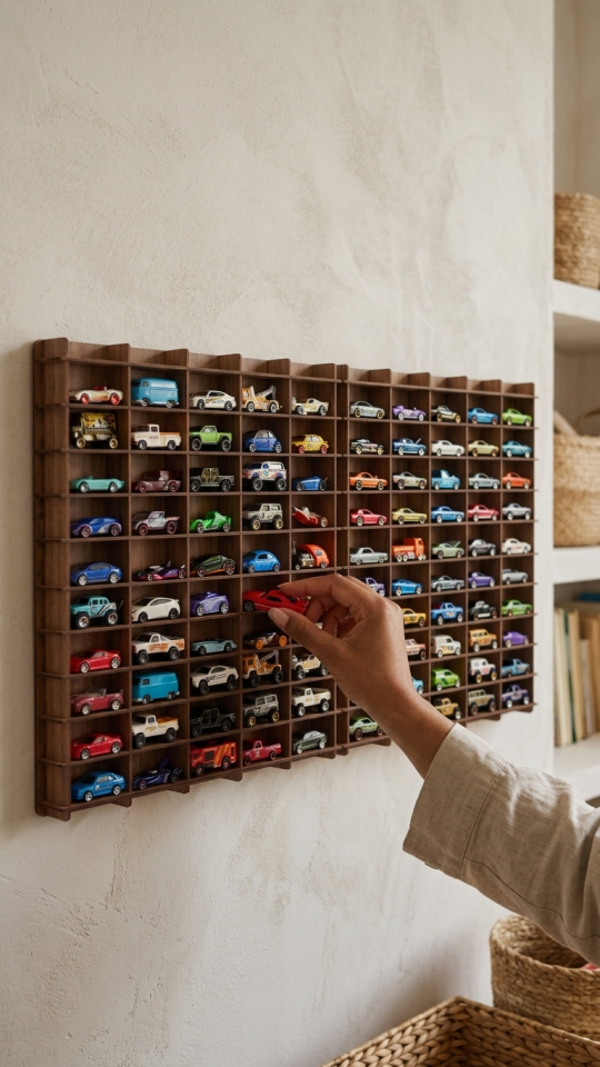 Kişiye Özel İsimlikli 100 Araç Kapasiteli İsimli  Ahşap Renk Araba Rafı - Dekoratif Çocuk Odası Oyuncak Organizer (HOTWHEELS VE MATCBOX ARABALARI IÇİN UYGUNDUR)