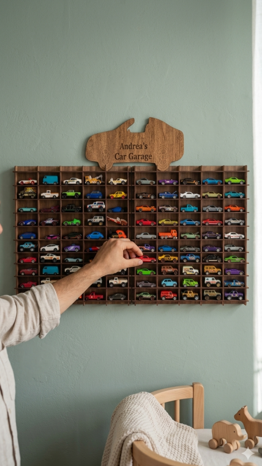 Kişiye Özel İsimlikli 100 Araç Kapasiteli İsimli  Ahşap Renk Araba Rafı - Dekoratif Çocuk Odası Oyuncak Organizer (HOTWHEELS VE MATCBOX ARABALARI IÇİN UYGUNDUR)
