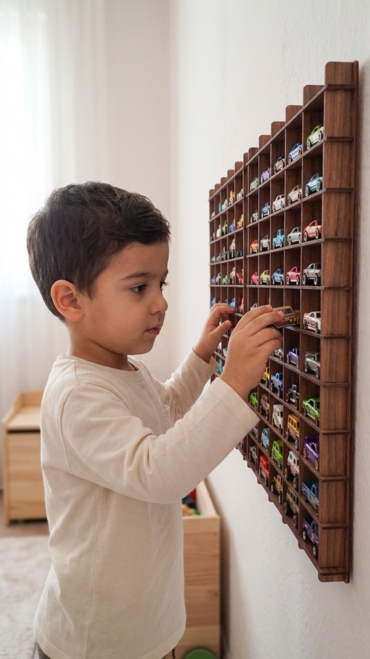Kişiye Özel İsimlikli 100 Araç Kapasiteli İsimli  Ahşap Renk Araba Rafı - Dekoratif Çocuk Odası Oyuncak Organizer (HOTWHEELS VE MATCBOX ARABALARI IÇİN UYGUNDUR)