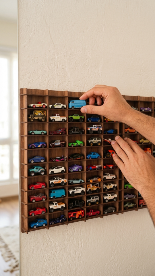 Kişiye Özel İsimlikli 100 Araç Kapasiteli İsimli  Ahşap Renk Araba Rafı - Dekoratif Çocuk Odası Oyuncak Organizer (HOTWHEELS VE MATCBOX ARABALARI IÇİN UYGUNDUR)