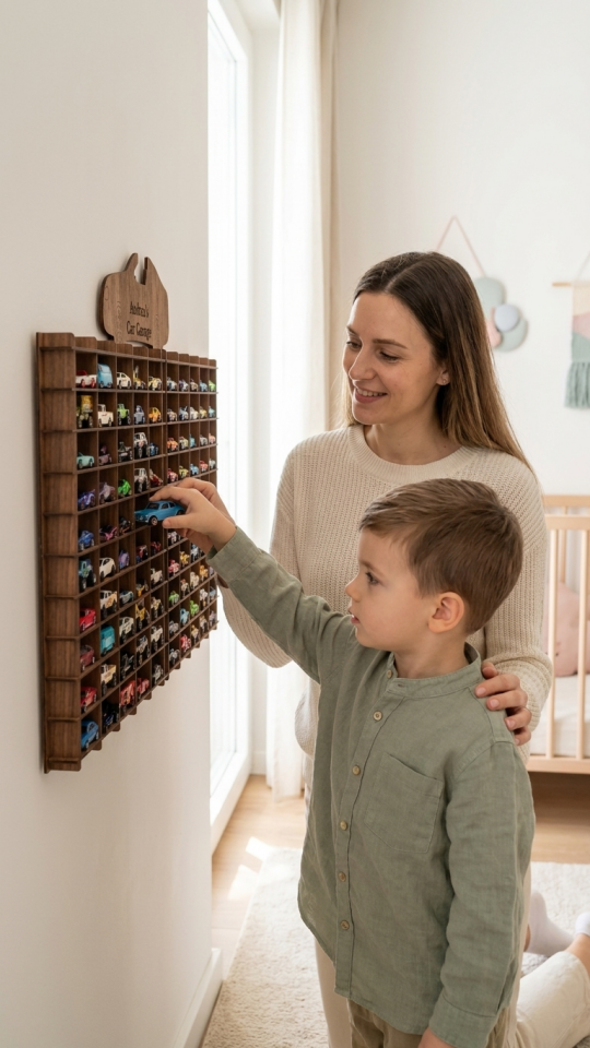 Kişiye Özel İsimlikli 100 Araç Kapasiteli İsimli  Ahşap Renk Araba Rafı - Dekoratif Çocuk Odası Oyuncak Organizer (HOTWHEELS VE MATCBOX ARABALARI IÇİN UYGUNDUR)