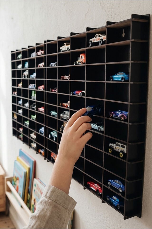 Kişiye Özel İsimlikli 100 Araç Kapasiteli İsimli Siyah Renk Araba Rafı - Dekoratif Çocuk Odası Oyuncak Organizer (HOTWHEELS VE MATCBOX ARABALARI IÇİN UYGUNDUR)
