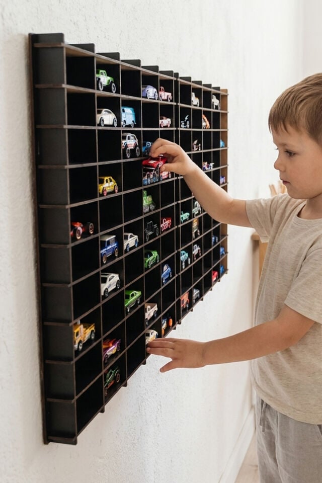 Kişiye Özel İsimlikli 100 Araç Kapasiteli İsimli Siyah Renk Araba Rafı - Dekoratif Çocuk Odası Oyuncak Organizer (HOTWHEELS VE MATCBOX ARABALARI IÇİN UYGUNDUR)