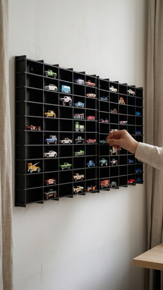 Kişiye Özel İsimlikli 100 Araç Kapasiteli İsimli Siyah Renk Araba Rafı - Dekoratif Çocuk Odası Oyuncak Organizer (HOTWHEELS VE MATCBOX ARABALARI IÇİN UYGUNDUR)
