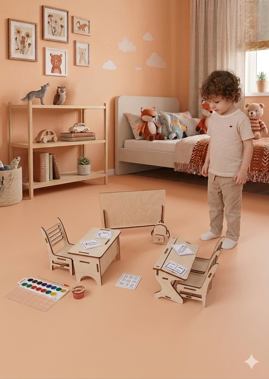 Ahşap Mini Okul Sınıf Seti - Boyanabilir Montessori Oyuncak - Minyatür Sıra, Masa ve Tahta Takımı