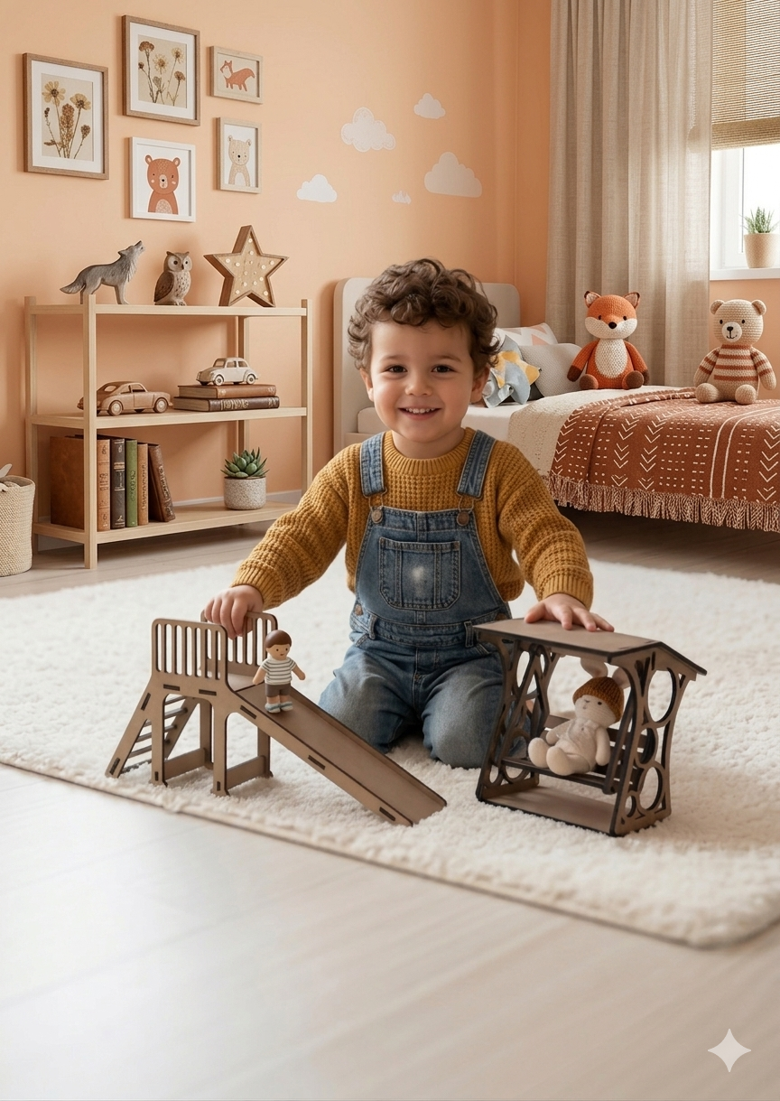 Doğal Ahşap Eğitici Çocuk Oyun Parkı Seti - Montessori Kaydırak ve Salıncak Takımı - Boyanabilir MDF Oyuncak