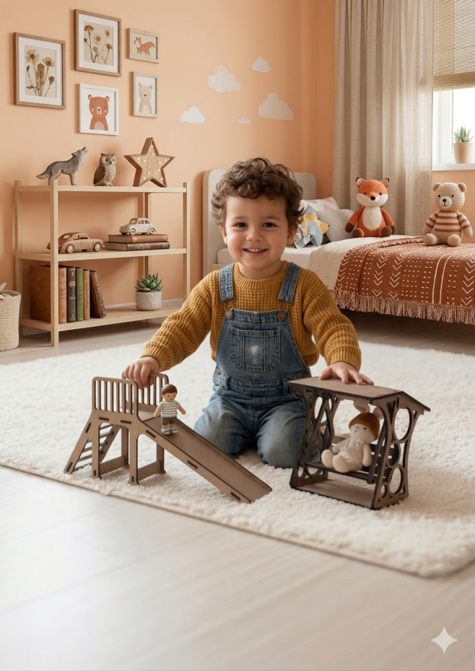 Doğal Ahşap Eğitici Çocuk Oyun Parkı Seti - Montessori Kaydırak ve Salıncak Takımı - Boyanabilir MDF Oyuncak