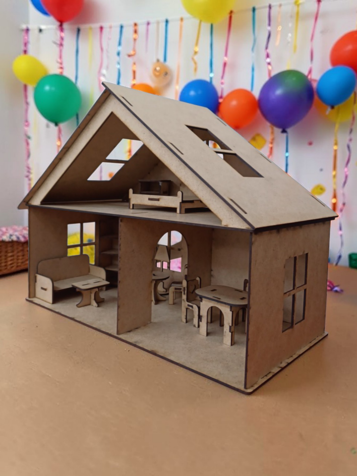 Ahşap Bebek Evi – 2 Katlı Mobilyalı MDF Oyun Evi Kendin Yap Boyanabilir Çocuk Oyuncağı