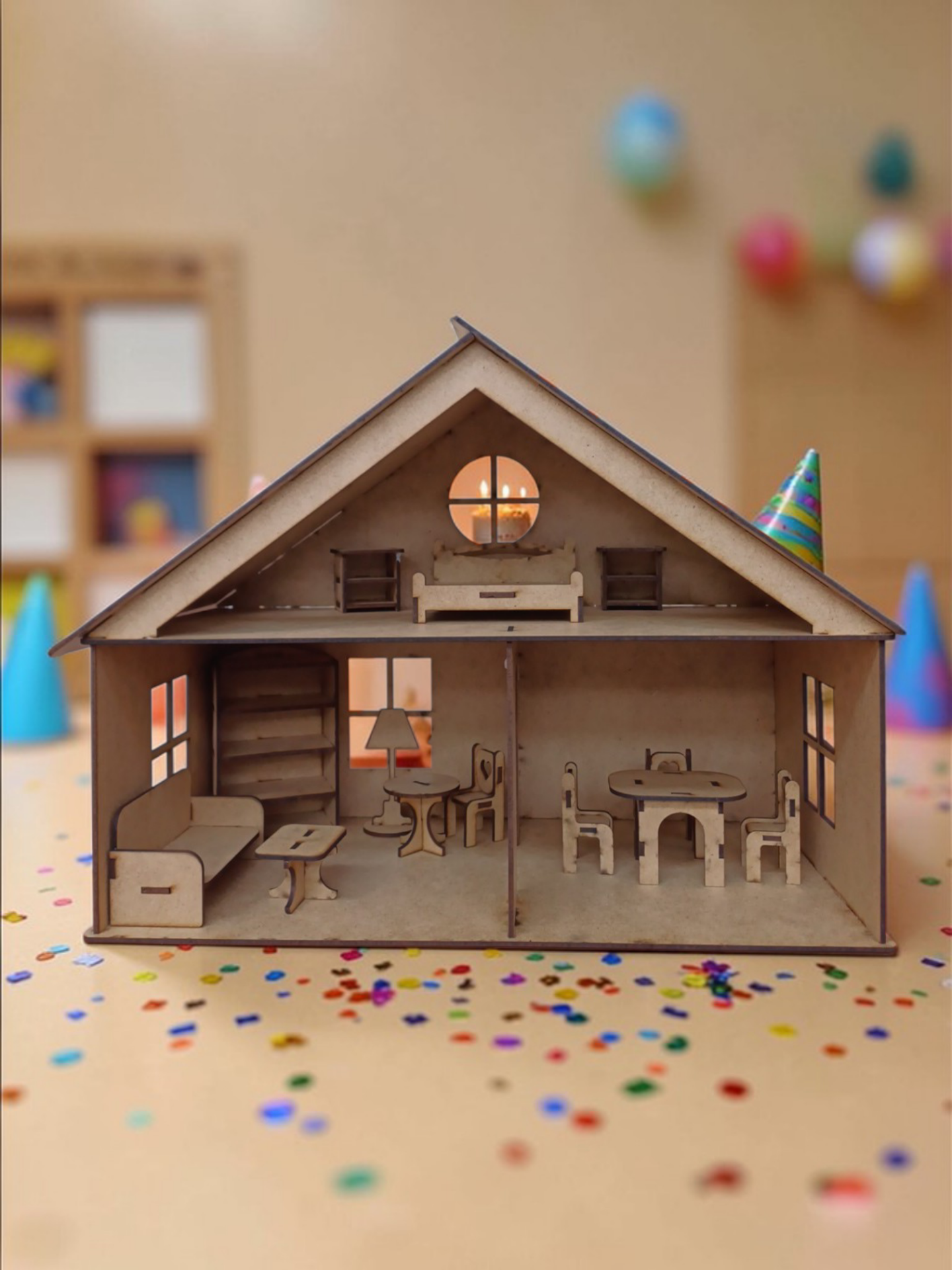 Ahşap Bebek Evi – 2 Katlı Mobilyalı MDF Oyun Evi Kendin Yap Boyanabilir Çocuk Oyuncağı